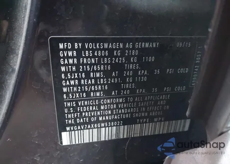 2016 Volkswagen Tiguan S из США, поврежденный, VIN WVGAV7AX6GW538022